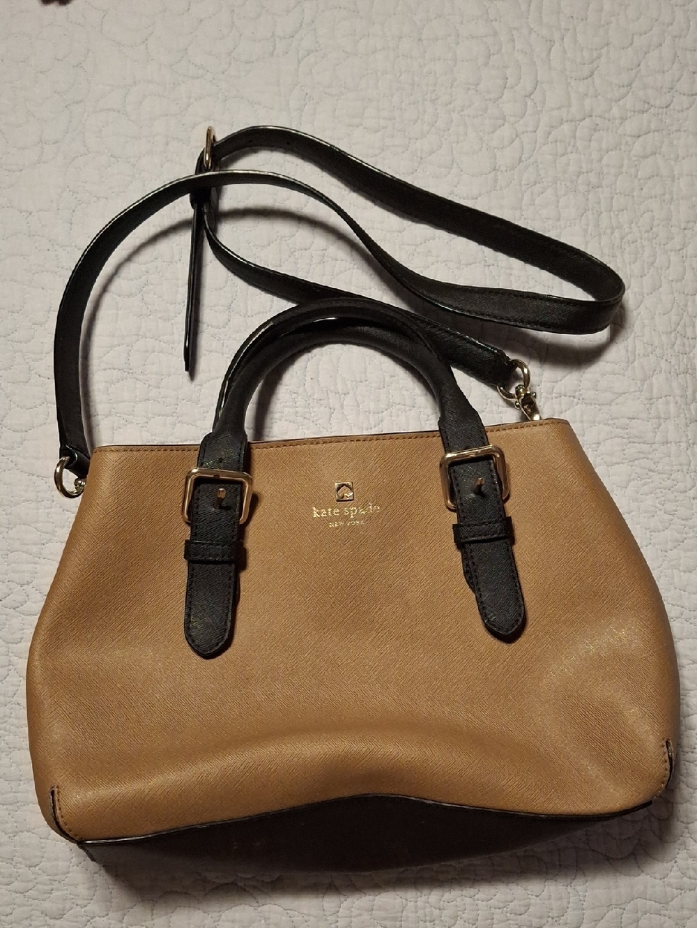 kate spade Two-Tone Tan and Black Leather Satchel with Gold Hardware